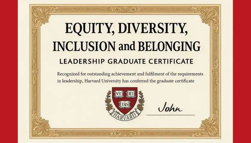 Harvard University DEI graduate certificate in Equity, Diversity, Inclusion, and Belonging Leadership.