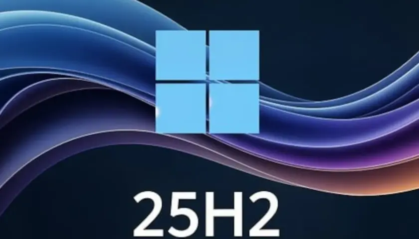 Logo Windows 11 25H2 na tle falujących, kolorowych linii.