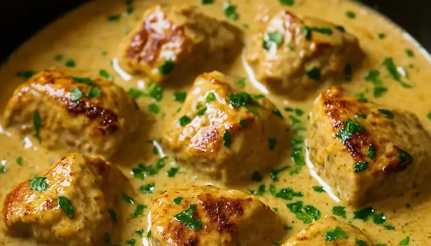 Sauté de porc à l'ancienne, tendre et savoureux, baignant dans une sauce crémeuse et parsemé de persil frais. Un plat réconfortant.
