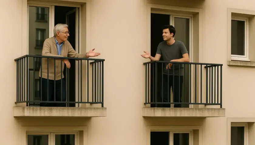 Deux voisins discutent sur leurs balcons, un échange qui pourrait illustrer les troubles du voisinage en droit français.