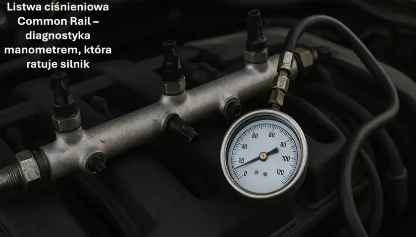 Listwa paliwowa Common Rail z podłączonym manometrem do diagnostyki, kluczowa dla zdrowia silnika.