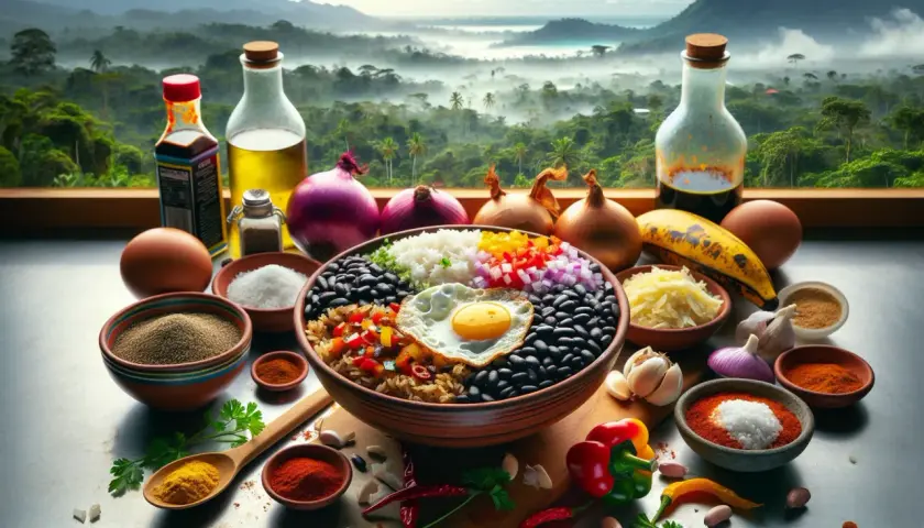 En skål med gallo pinto, ris, svarta bönor, hackade grönsaker och ett stekt ägg, omgiven av ingredienser som lök, vitlök, chili och kryddor, med en dimmig djungelvy i bakgrunden.