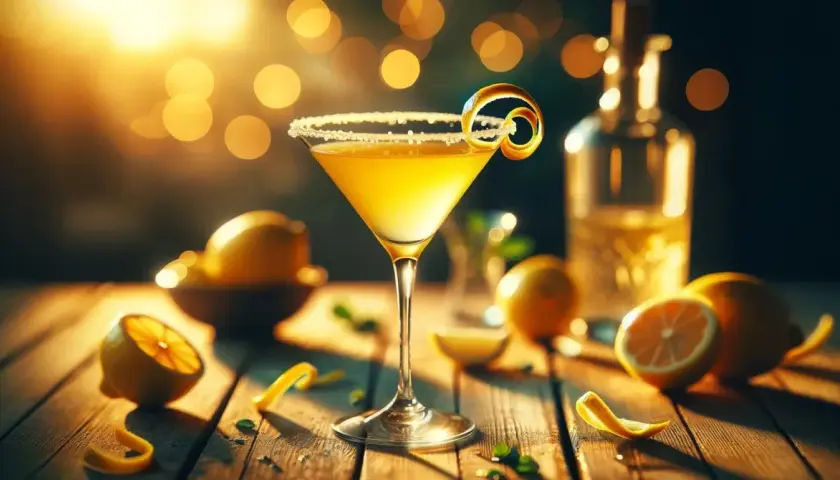 Elegancki kielich z drinkiem lemon drop, ozdobiony skórką cytryny, otoczony świeżymi cytrynami i butelką alkoholu.