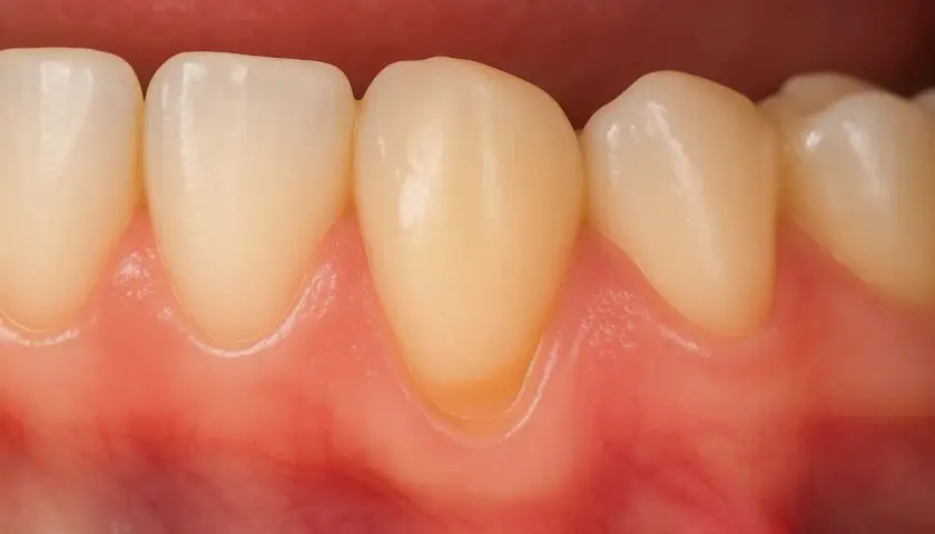 Dettaglio di denti con gengive sane. Si nota una piccola area di erosione a forma di V alla base di un dente, indicativa di abfraction dentale.
