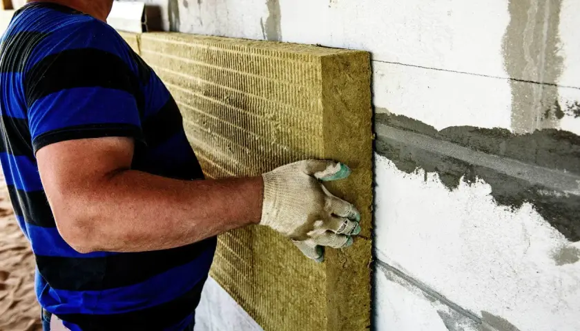 Pracownik montuje wełnę mineralną na ścianie. Utylizacja wełny mineralnej cena jest ważna przy planowaniu prac.