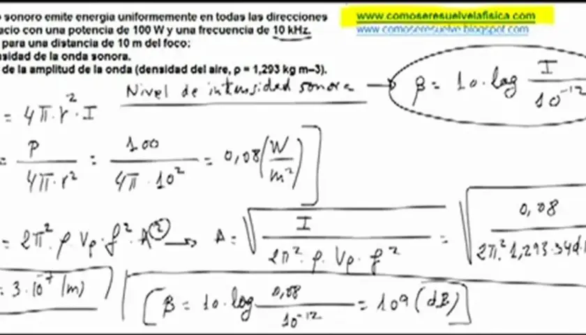 Cálculo de la intensidad sonora y su nivel, con la fórmula del nivel de intensidad sonora β = 10 log (I/10⁻¹²).