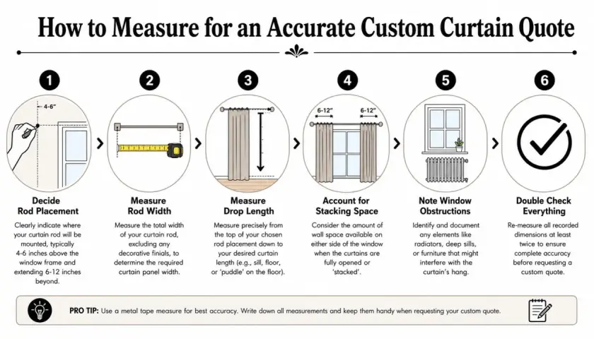 Infographic shows how to measure curtain length and width: rod placement, rod width, drop length, stacking space, obstructions, and double-checking.