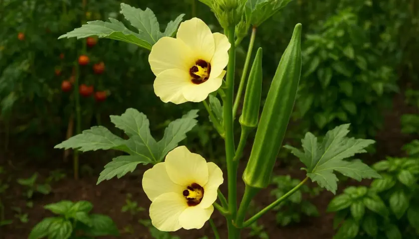 Fiori gialli e baccelli verdi di ocra verdura in un orto.