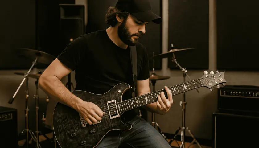 Mężczyzna gra na gitarze elektrycznej w studiu. Do gitary elektrycznej potrzeba wzmacniacza i kabla.