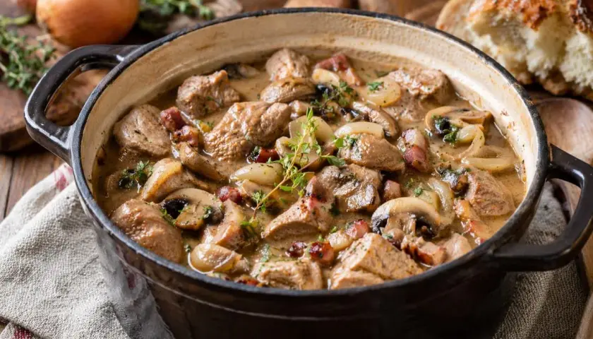 Un réconfortant sauté de veau mijoté avec des champignons, des oignons et des lardons, garni de thym frais. Parfait pour un repas d'automne.