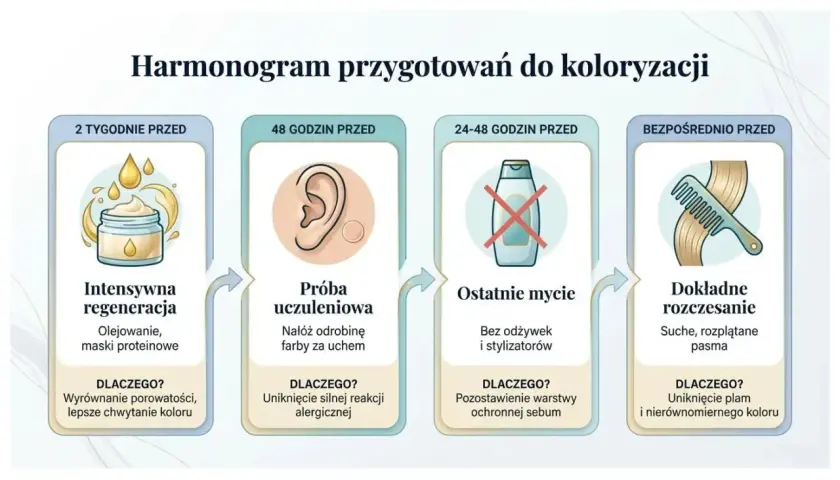 Harmonogram przygotowań do koloryzacji: regeneracja włosów 2 tyg. przed, próba uczuleniowa 48h przed, ostatnie mycie bez odżywek 24-48h przed, rozczesanie tuż przed.