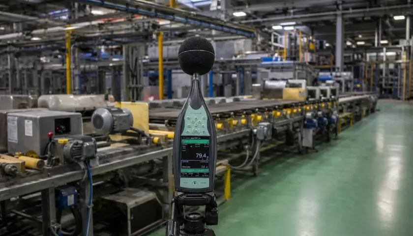 Medidor de ruido en fábrica. El dispositivo registra 79.4 dB, indicando un nivel de dba ruido considerable en la línea de producción.