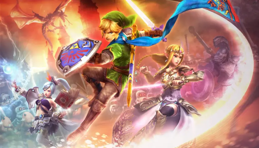 Link, Zelda i inni bohaterowie walczą z potworami w świecie The Legend of Zelda: A Link to the Past. Smoki i rycerze w tle.