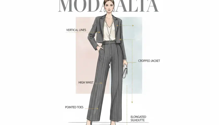 Ilustración de moda con traje a rayas verticales, chaqueta corta y pantalones de talle alto para estilizar piernas.
