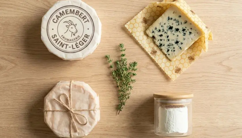 Un camembert, un fromage bleu, du fromage de chèvre et du thym sur fond de bois. Idéal pour un plateau de fromage ou un fromage burger.