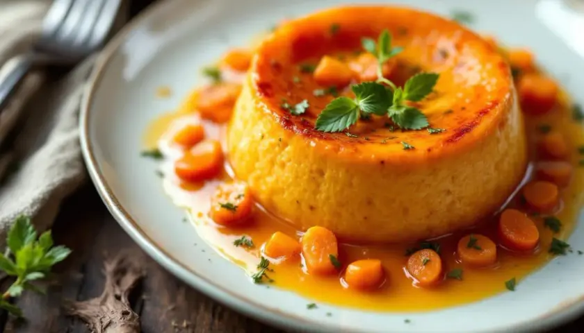 Un délicieux flan de carottes, nappé d'un jus orangé et parsemé de rondelles de carottes et de persil frais.