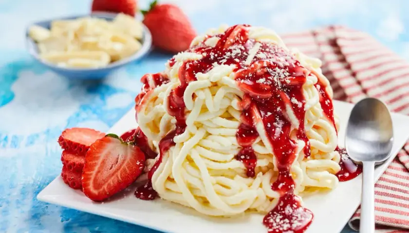 Ein köstliches Spaghetti-Eis-Dessert mit Erdbeersauce und frischen Erdbeeren, garniert mit weißer Schokolade.