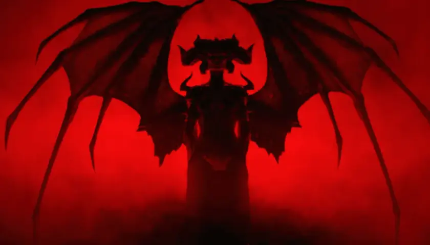 Lilith, demonica z Diablo IV, z rozpostartymi skrzydłami na tle czerwonej mgły.