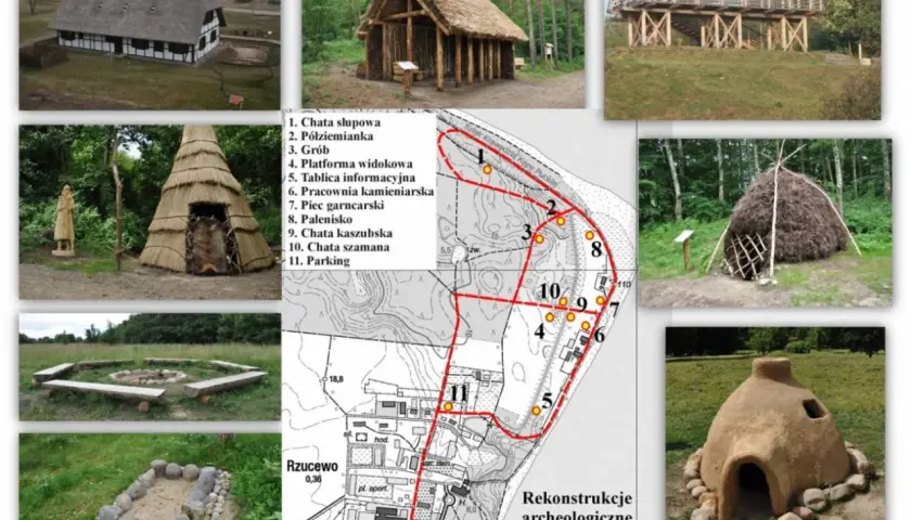 Rekonstrukcje dawnej osady łowców fok: chaty, palenisko, piec garncarski, platforma widokowa i mapa terenu.