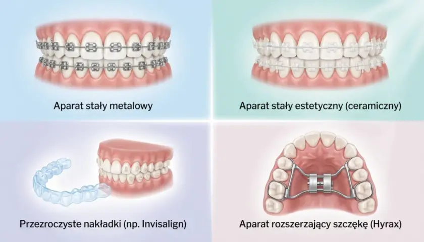 Korekta zgryzu krzyżowego: metalowe, estetyczne aparaty, nakładki Invisalign i aparat Hyrax.