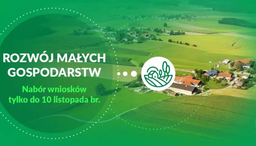Rozwój małych gospodarstw 2025: nabór wniosków do 10 listopada. Widok z lotu ptaka na zielone pola i zabudowania wiejskie.