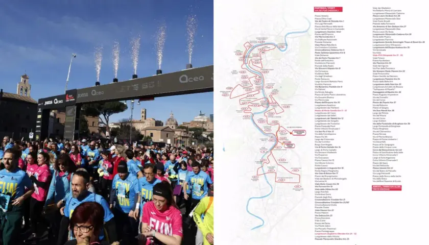La folla festeggia alla partenza di una maratona a Roma, con fuochi d'artificio e la mappa del percorso. Notizie sulla metro e la gara.