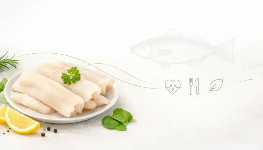 Filety z mintaja na talerzu z cytryną i ziołami. Czy mintaj jest zdrowy? Tak, to ryba pełna białka i omega-3.