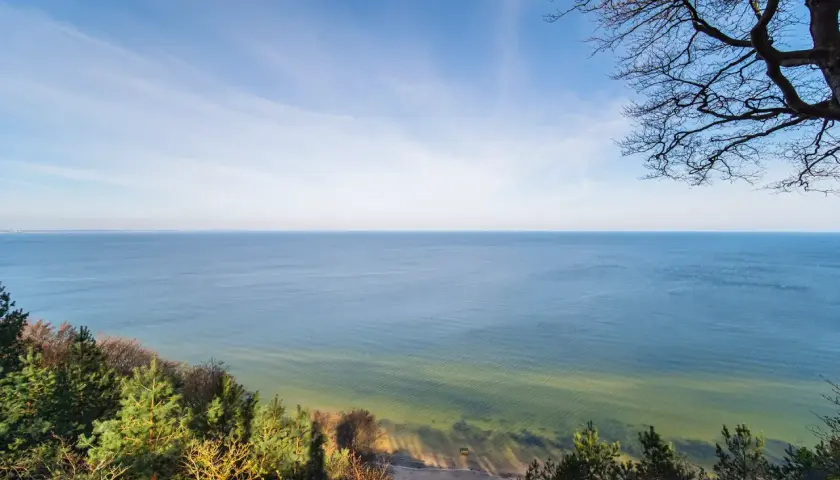 Widok z **wzgórza Gosań** na spokojne morze i piaszczystą plażę. Na pierwszym planie drzewa i zieleń.