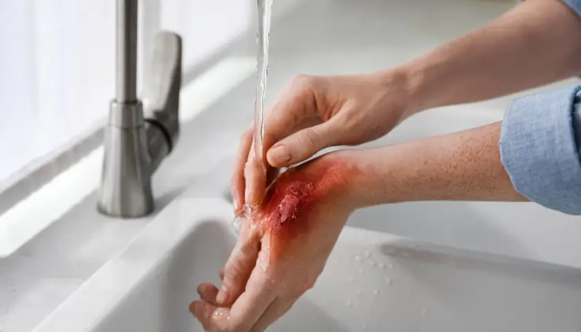 Main sous un jet d'eau froide, montrant une brulure superficielle rouge et irritée sur le dos de la main.