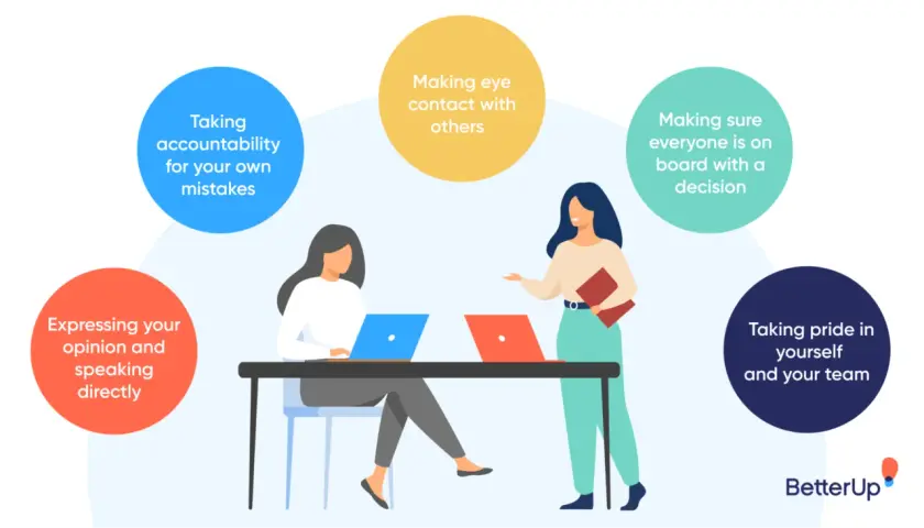 Two women collaborate, demonstrating assertive communication skills like expressing opinions, taking accountability, and ensuring team alignment.