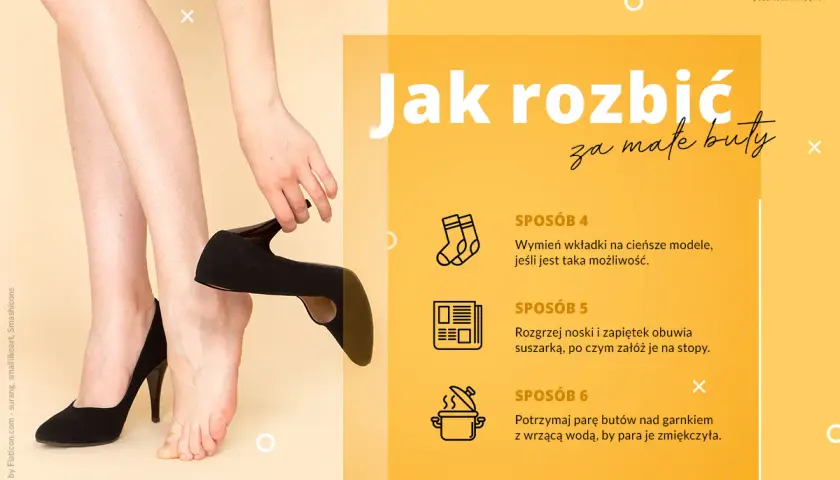 Kobieta zdejmuje czarny, elegancki but, by pokazać, jak rozbić za małe buty. Porady obejmują wymianę wkładek, suszarkę i parę.