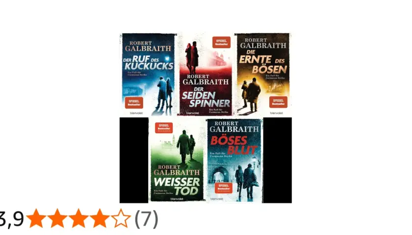 Die Galbraith Reihenfolge: "Der Ruf des Kuckucks", "Der Seidenspinner", "Die Ernte des Bösen", "Böses Blut" und "Weißer Tod" sind als Buchcover zu sehen.