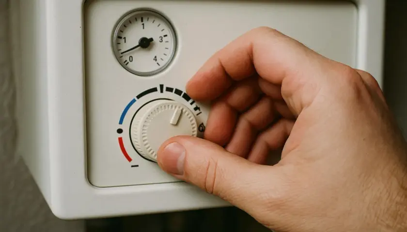 Dłoń kręci pokrętłem pieca gazowego, pokazując jak ustawić piec gazowy bez sterownika. Skala od czerwonego do niebieskiego oznacza temperaturę.