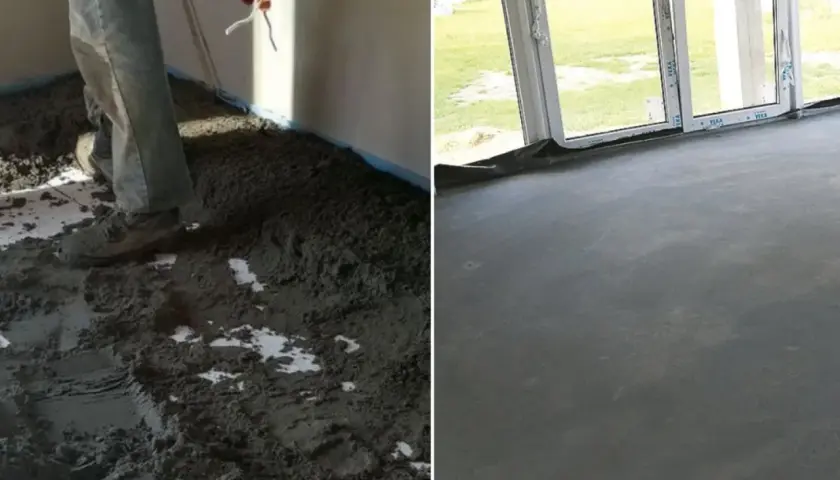 Prace budowlane: wylewanie chudego betonu na podłogę, a następnie gotowa, gładka posadzka.