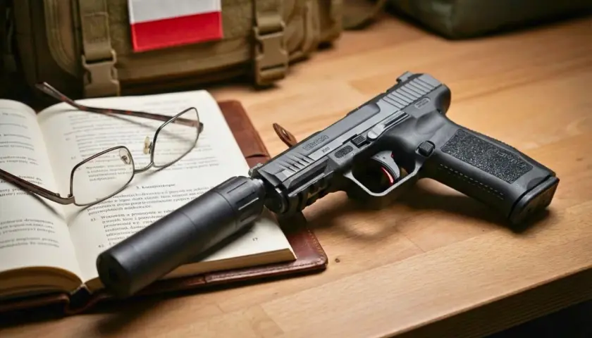 Pistolet z tłumikiem na książce, obok okulary i torba z polską flagą. Czy asg jest legalne? To pytanie nurtuje wielu pasjonatów.