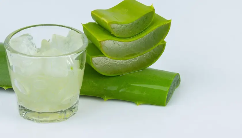 Un vaso con trozos de aloe vera y hojas cortadas apiladas, listas para usar.