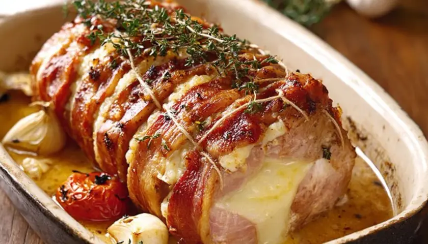 Un rôti Orloff, enveloppé de lard, garni de fromage fondant et d'herbes, mijote dans un plat avec de l'ail et une tomate rôtie.