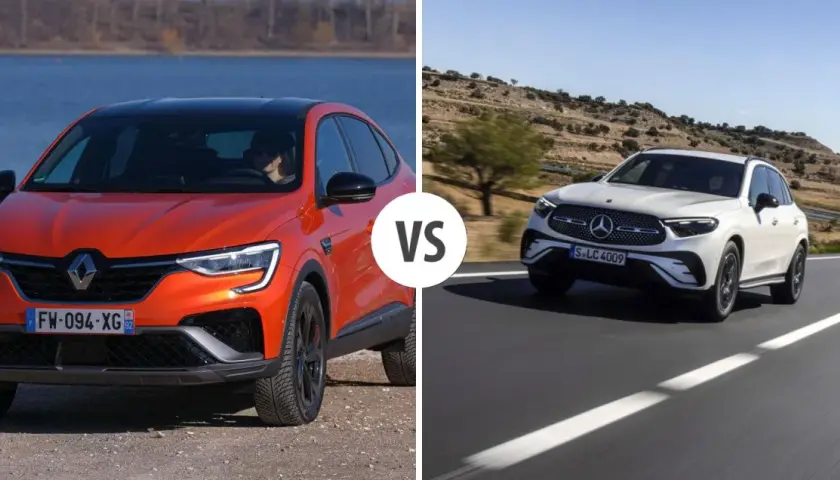 Renault Arkana naranja vs. Mercedes-Benz GLC blanco en carretera. ¿Cuál tiene mejor motor Mercedes?