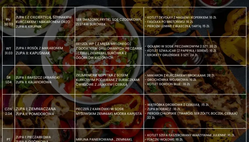 Menu tygodnia z propozycjami na widelcu augustów. Zupy i dania dnia, ceny od 11 zł.