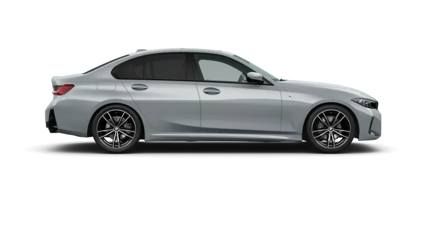 Profilo laterale di una BMW Serie 3 2026 grigio metallizzato, con cerchi in lega sportivi e finestrini oscurati.