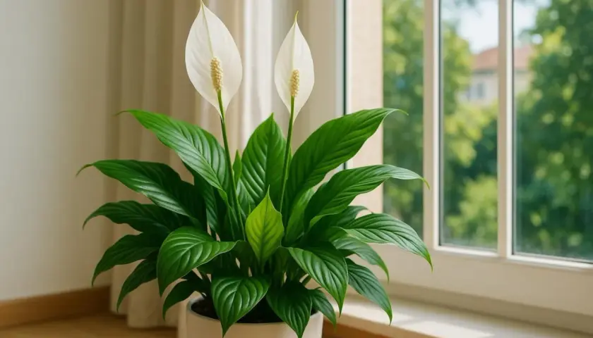 Une plante d'intérieur avec deux élégantes fleurs blanches, comme une fleur de lune, se dresse près d'une fenêtre lumineuse.