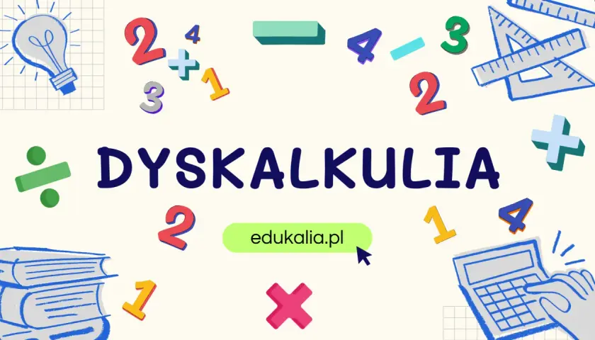 Dyskalkulia co to? Obrazek z cyframi, symbolami matematycznymi i hasłem "DYSKALKULIA" wyjaśnia, czym jest trudność w nauce matematyki.
