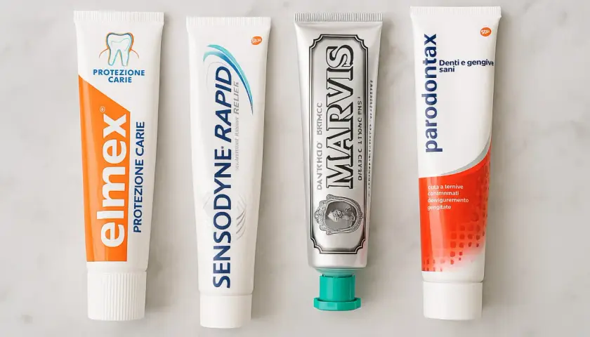 Quattro tubetti di dentifricio: Elmex, Sensodyne, Marvis e Parodontax, quest'ultimo specifico per denti e gengive sane, utile contro la piorrea.