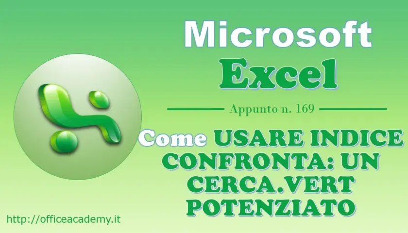Logo Microsoft Excel a sinistra. Titolo: Come usare INDICE CONFRONTA: un cerca.vert potenziato.