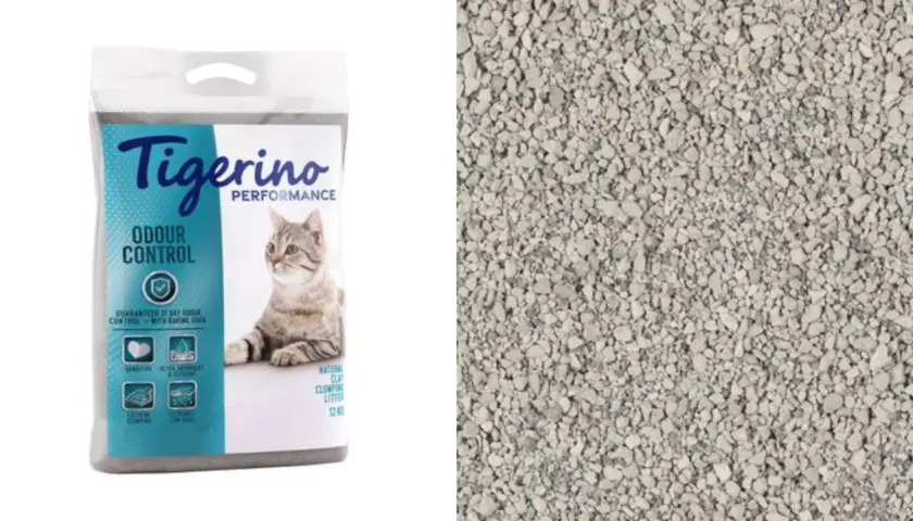 Bolsa de arena aglomerante Tigerino Odour Control, un ejemplo de tipos de arena para gatos.