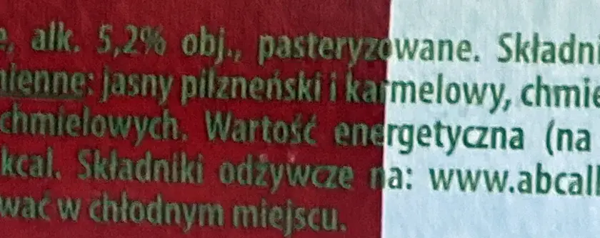 Jasne piwo Tyskie ma 5,2% alkoholu. Składniki: woda, słody jęczmienne, chmiel. Wartość energetyczna 43 kcal/100 ml.
