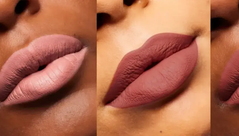 Labios con acabado mate en tonos rosados y un vibrante color granate.