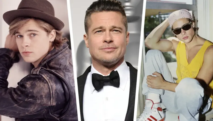 Brad Pitt ung i olika stilar: med hatt och läderjacka, i smoking och med bandana och solglasögon.