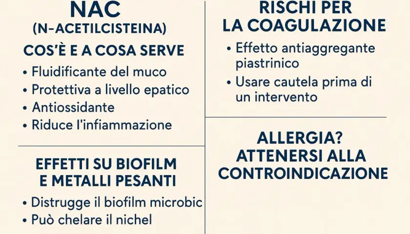 NAC (N-acetilcisteina): fluidificante, protettivo epatico, antiossidante, riduce infiammazione, agisce su biofilm e metalli pesanti. Attenzione a coagulazione e allergie.