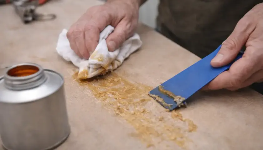 Comment enlever de la colle néoprène sur du tissu : un homme utilise une spatule bleue et un chiffon pour retirer la colle d'une surface.